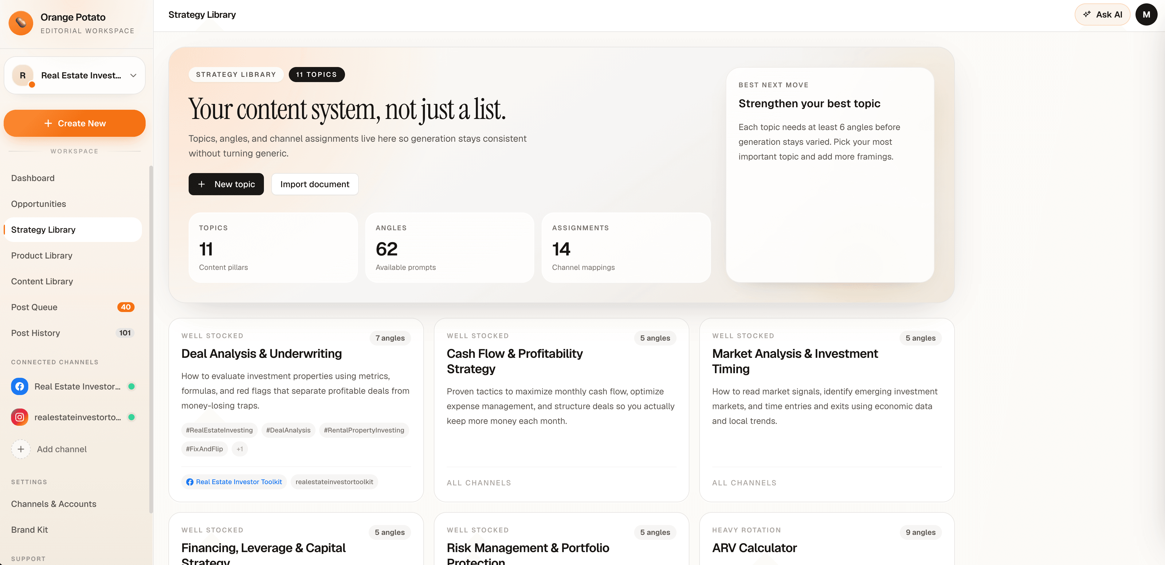 Orange Potato strategy library showing topics, angles, assignments, and content pillars.